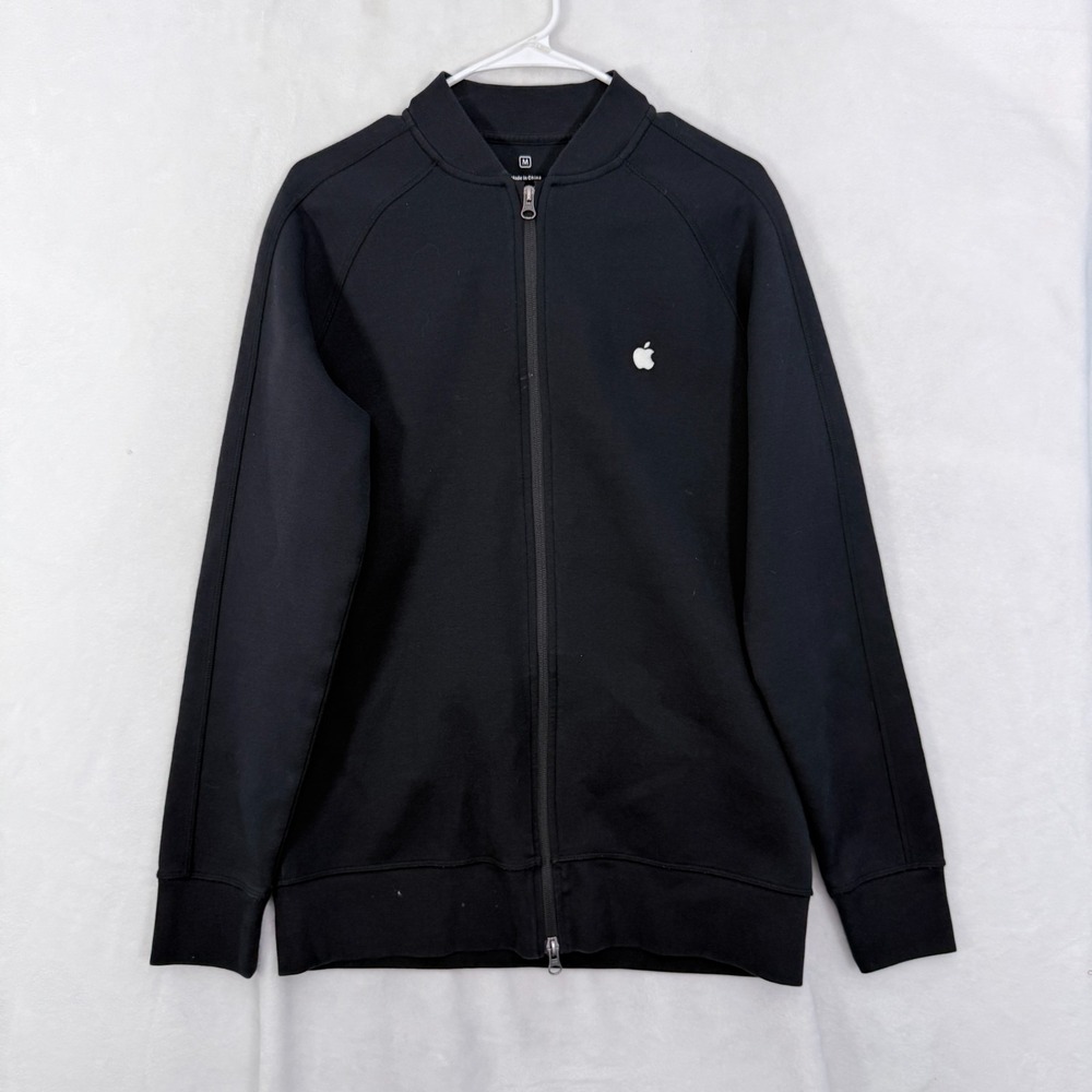 Apple Computer Track Jacket Mens M Black Full Zip Stretch Logo Embroidered